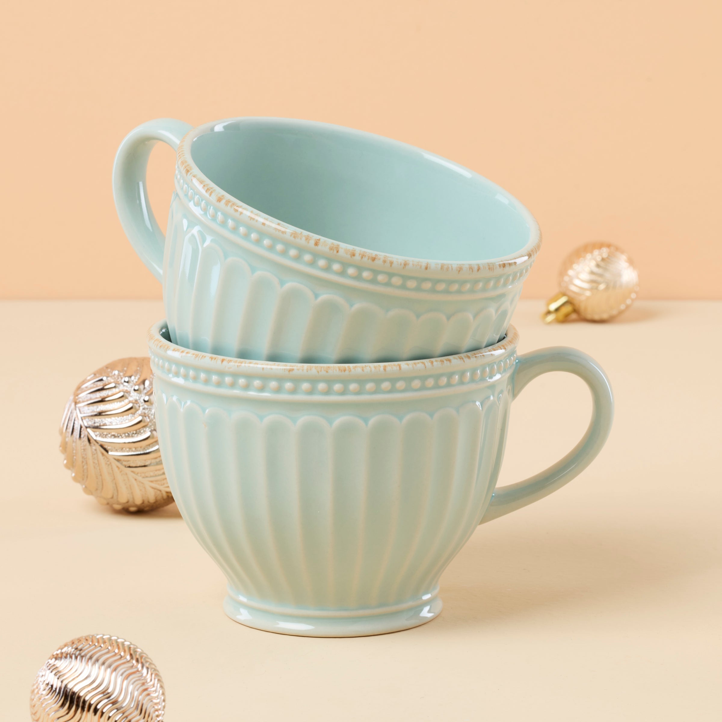 French Perle Groove Blue Latte Mugs - Set of 2