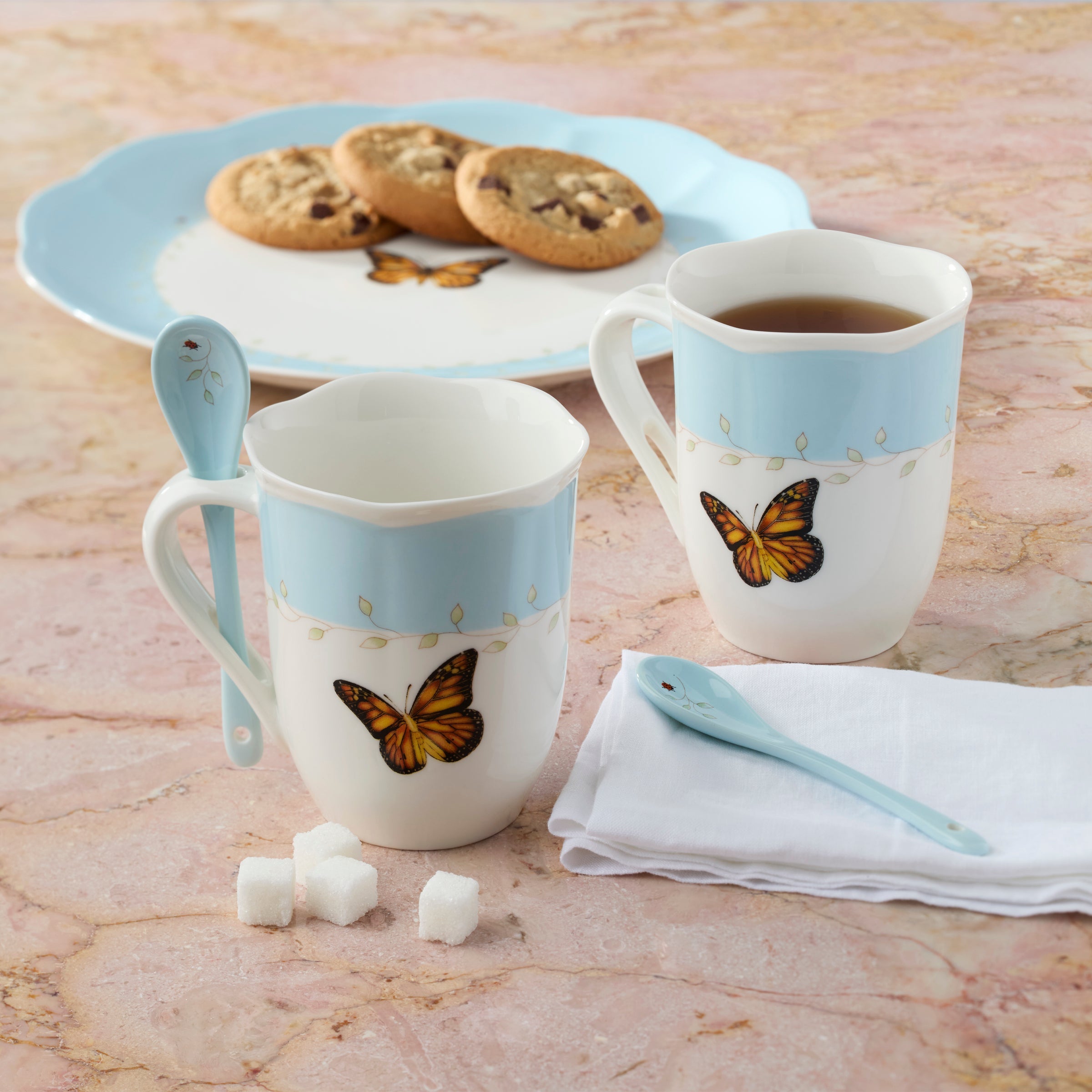 Butterfly Meadow Blue Mugs With Spoons - Set of 2