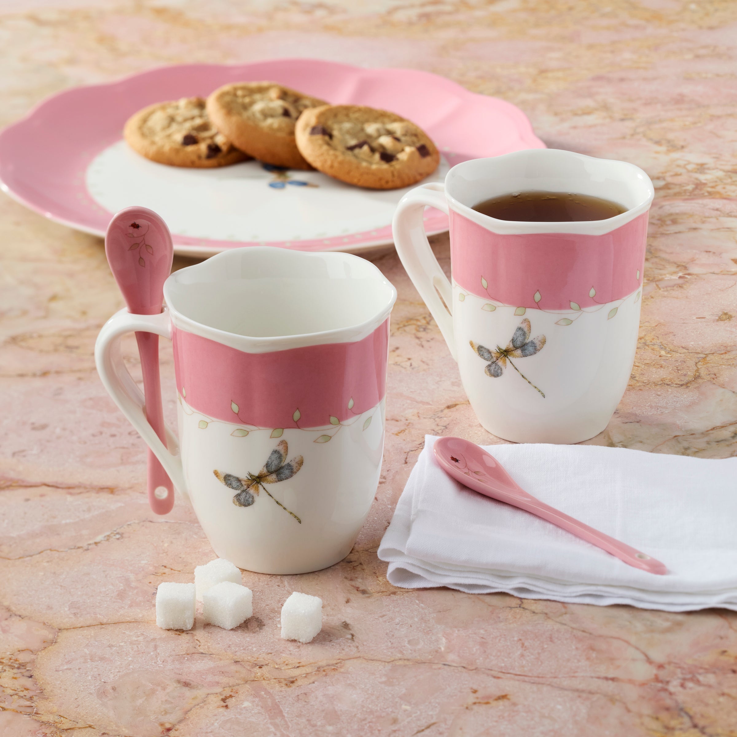 Butterfly Meadow Pink Mugs With Spoons - Set of 2