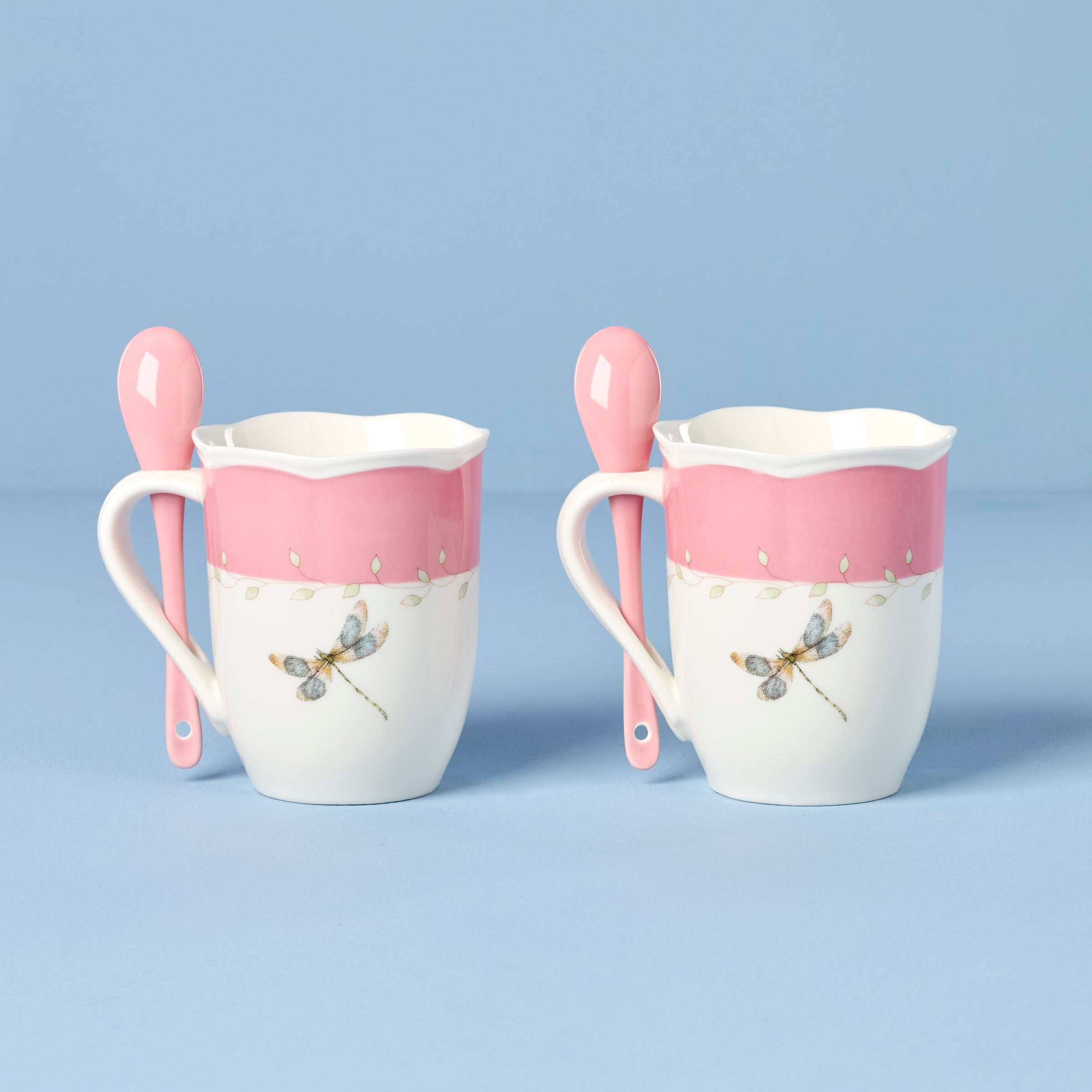 Butterfly Meadow Pink Mugs With Spoons - Set of 2