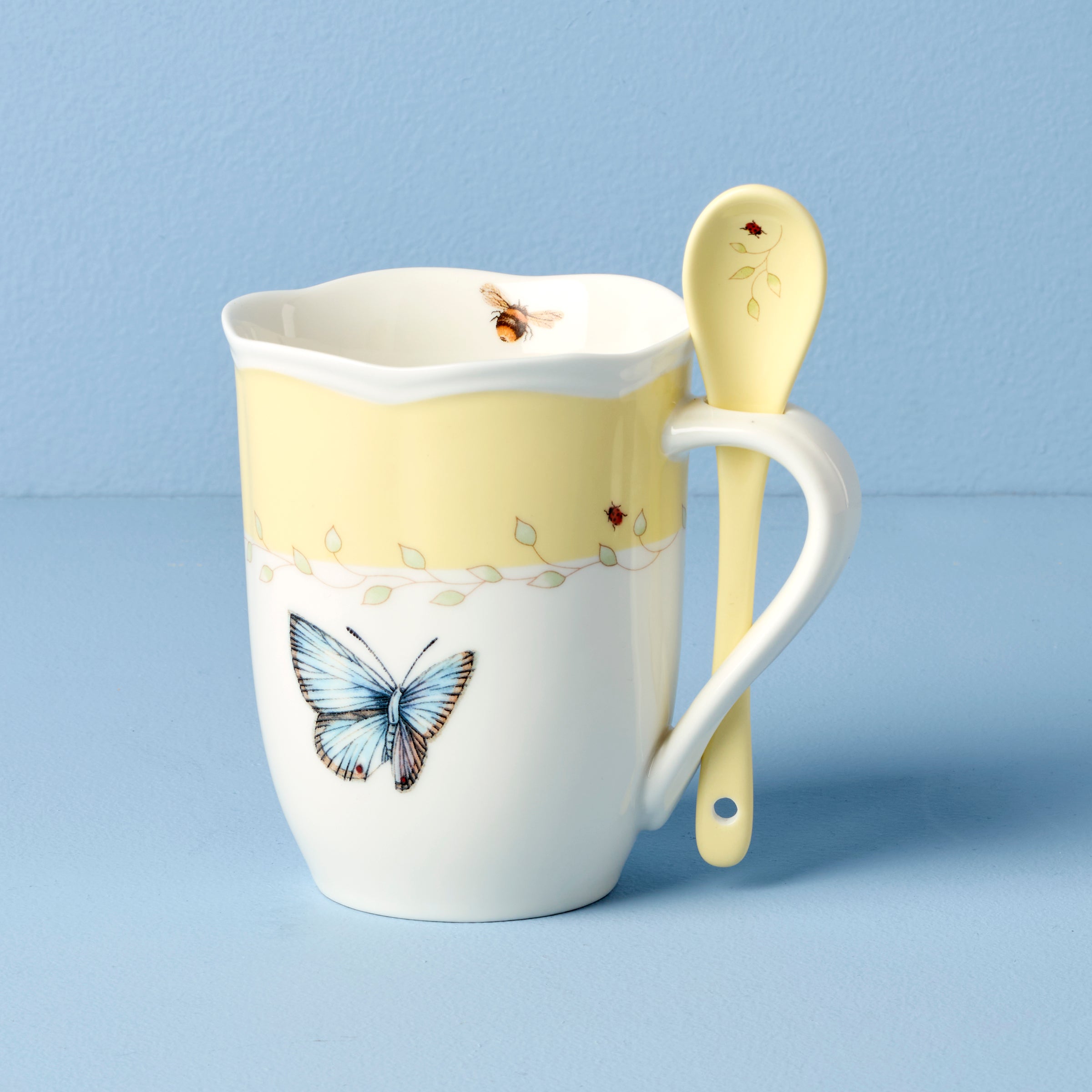 Butterfly Meadow Yellow Mugs With Spoons - Set of 2