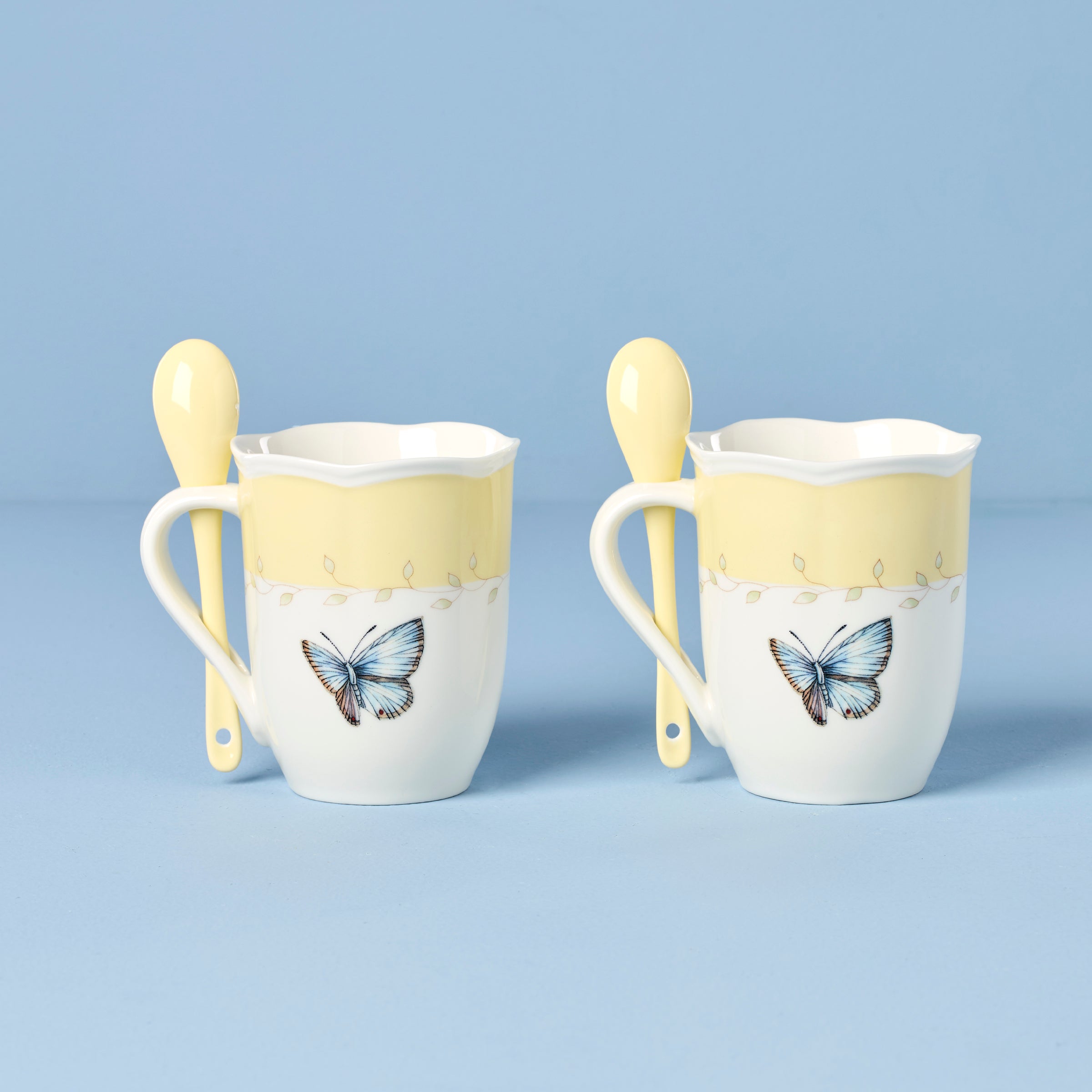 Butterfly Meadow Yellow Mugs With Spoons - Set of 2