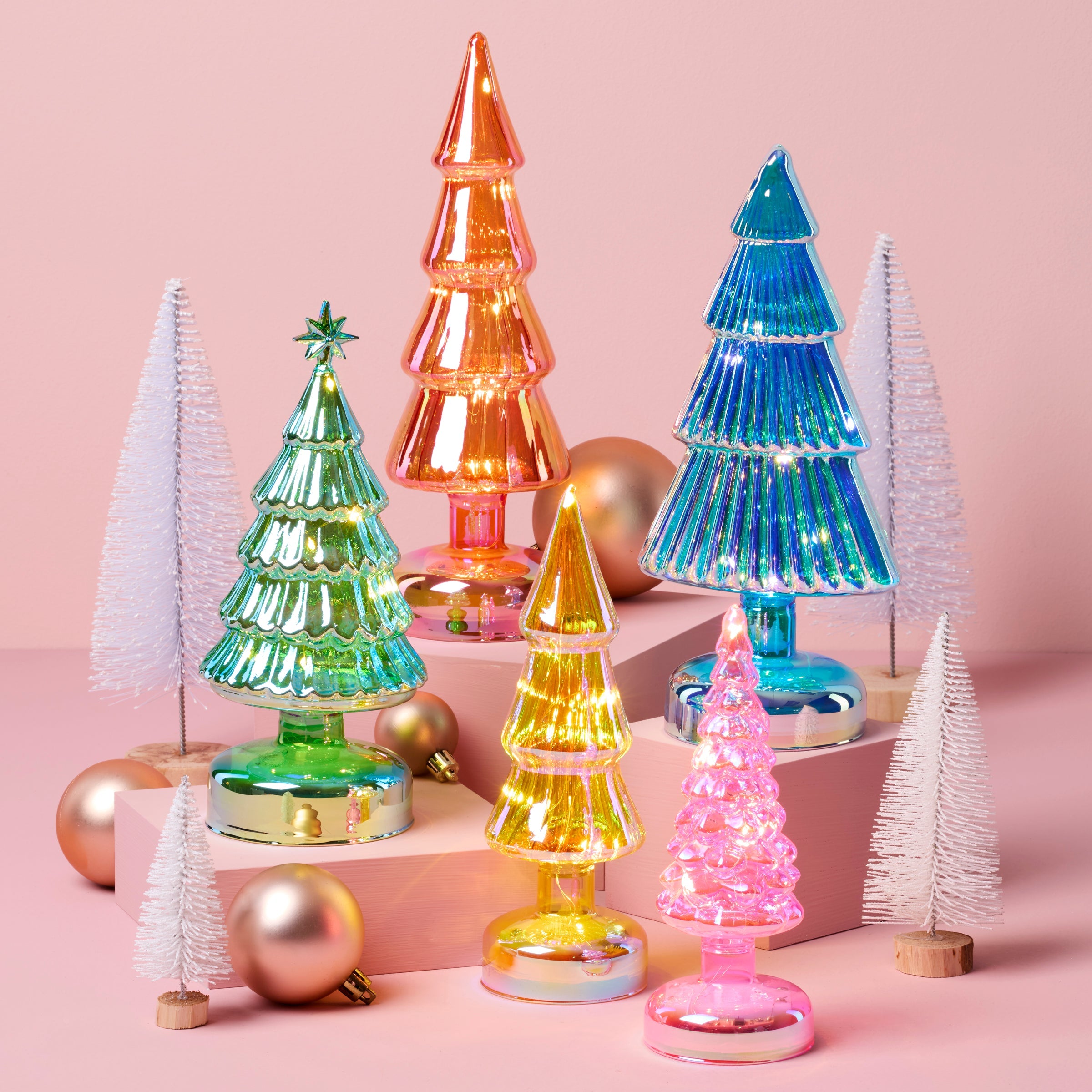Small Multicolor Led Lit Holiday Trees 5-Piece Set
